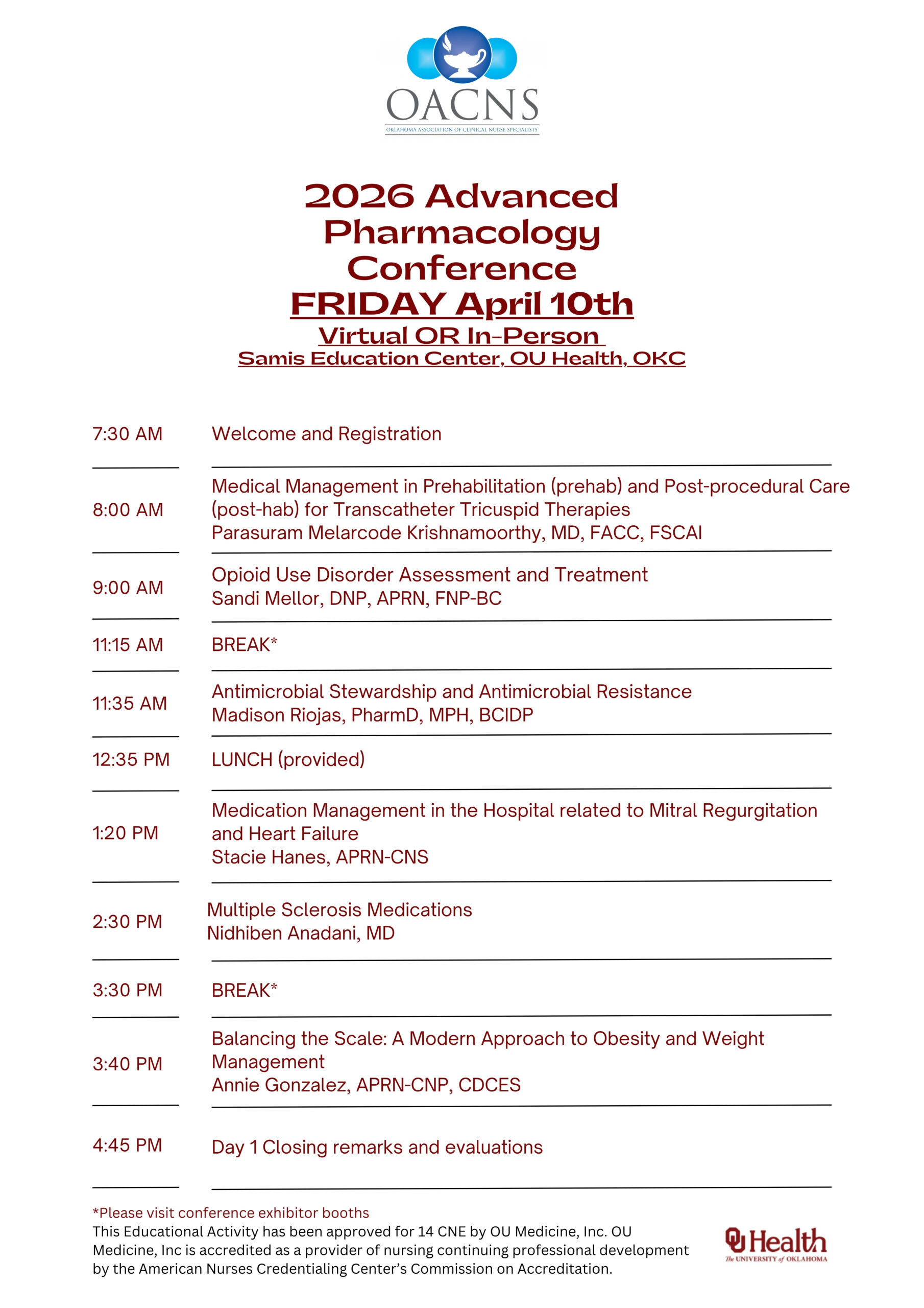 2026 OACNS ADVANCED PHARMACOLOGY AGENDA